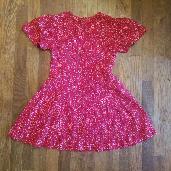 Vintage 70s Handmade Kids Red Bandana Fit & Flair Dress Zip Back Cap Sleeves. - Picture 4 of 10
